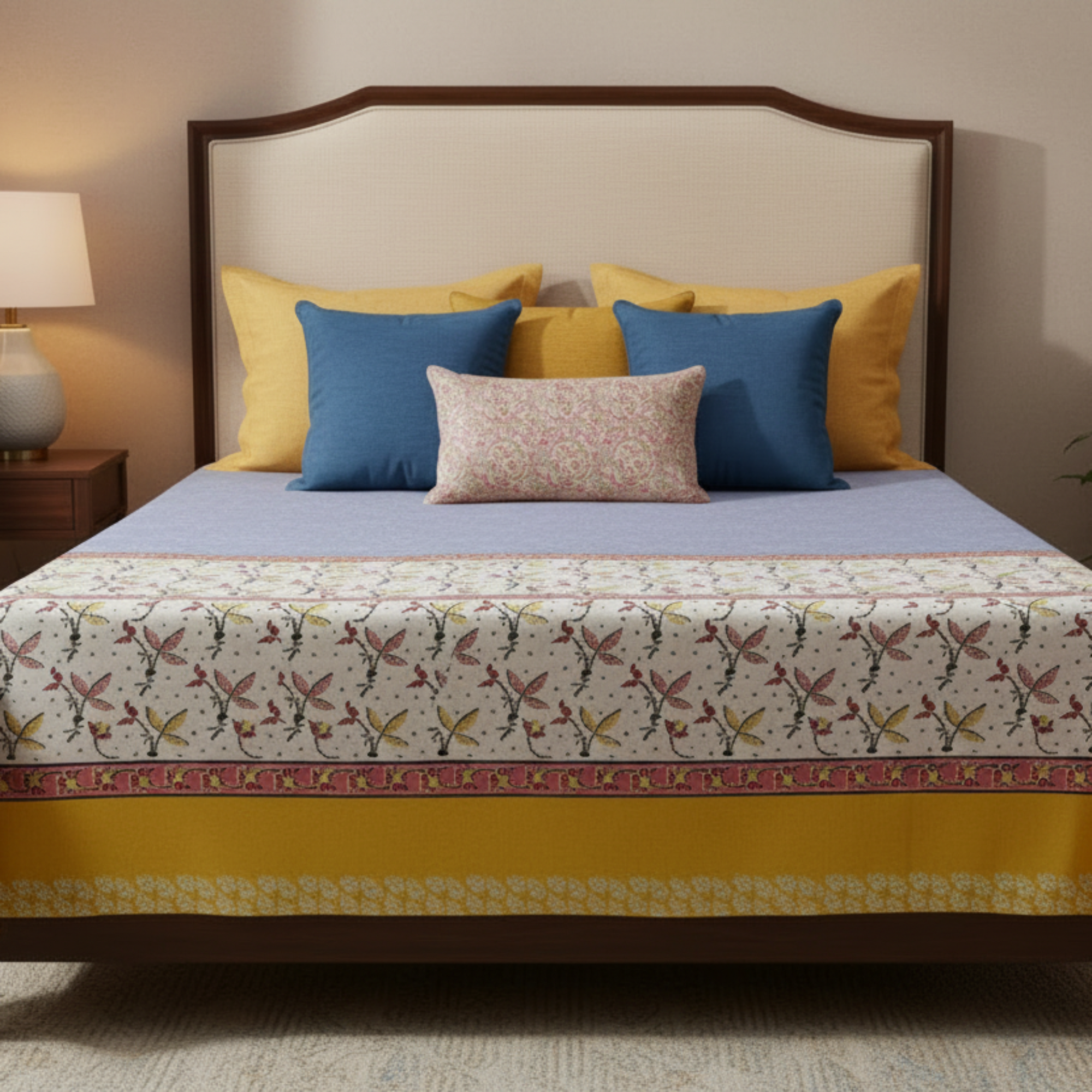 Bedroom with a bed covered in a patterned quilt and colorful pillows.