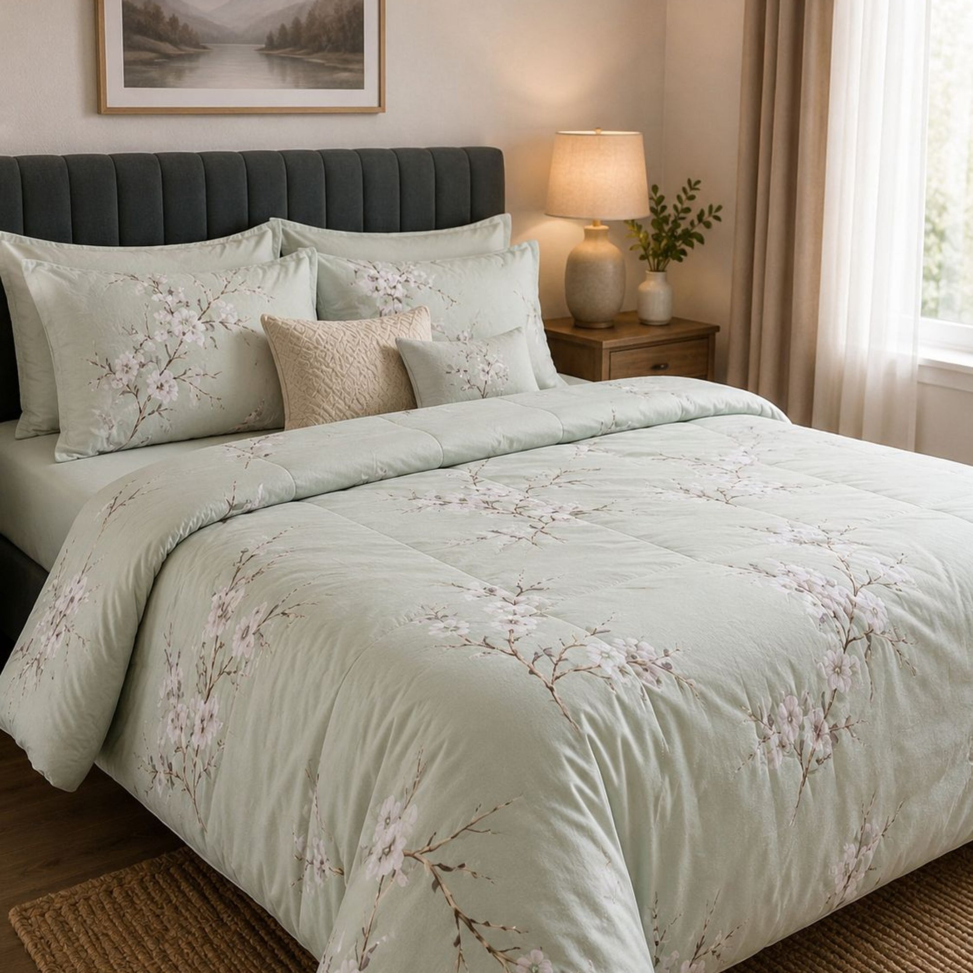 Spring Serenity – Sage Green Floral Bedsheet & Comforter Set
