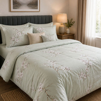 Spring Serenity – Sage Green Floral Bedsheet & Comforter Set