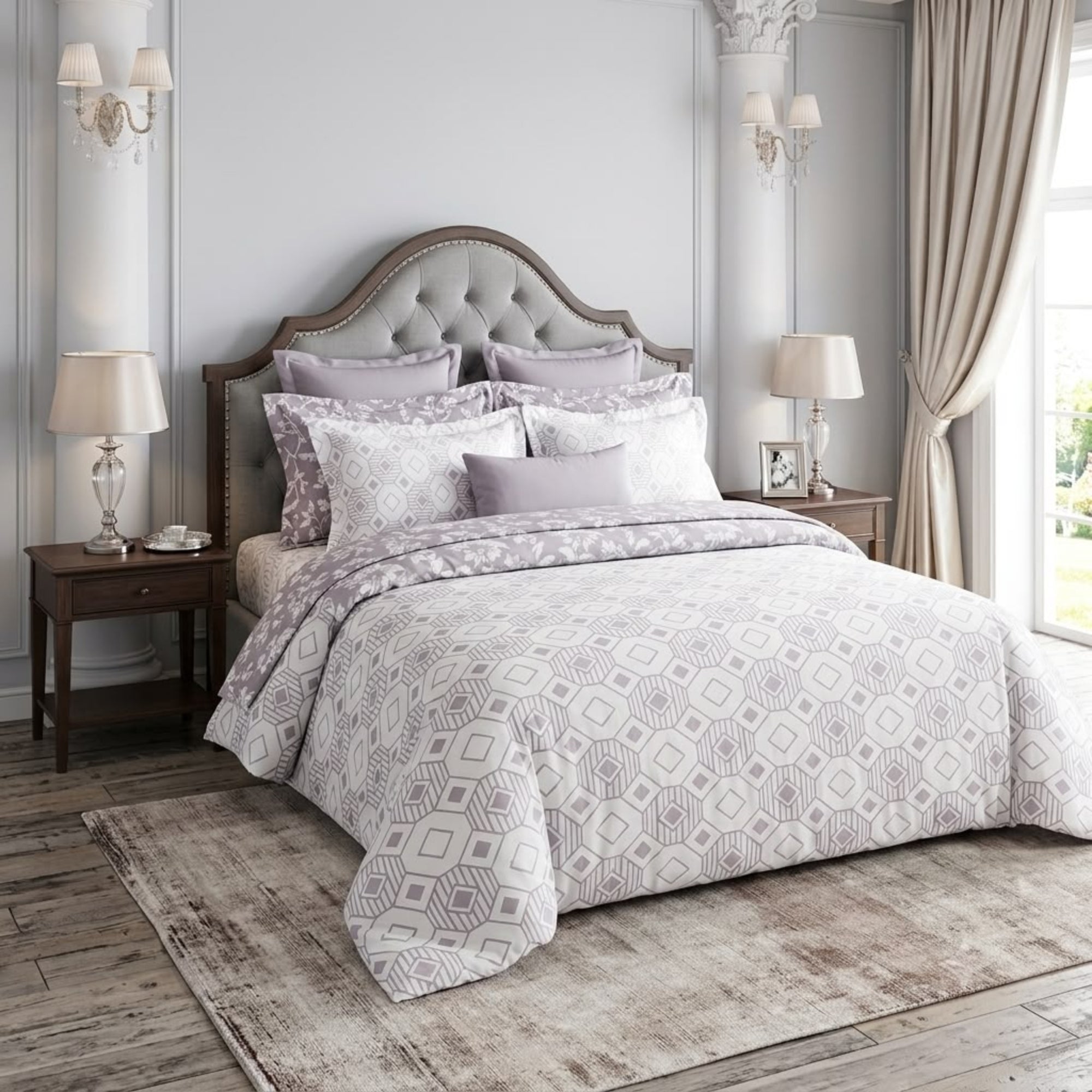 Cotton Bedsheet & Dohar Set – Geometric & Floral Print | Lavender