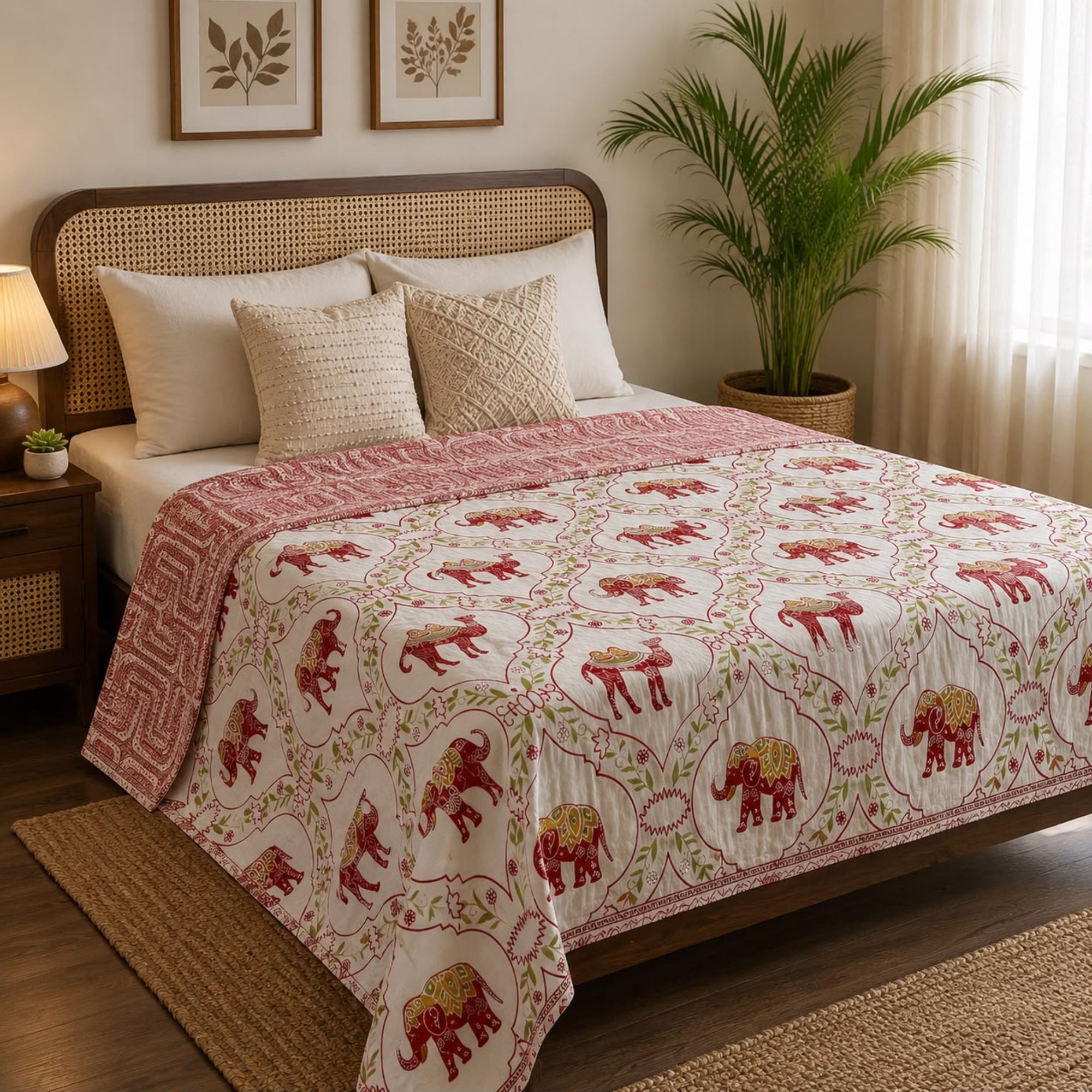 Jaipuri Block Print Single Dohar Set of 2 – Elephant Jaal & Geometric Print