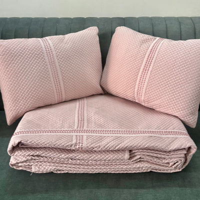 Premium Pink Knitted Bed Cover Set – Waffle Texture with Embroidery