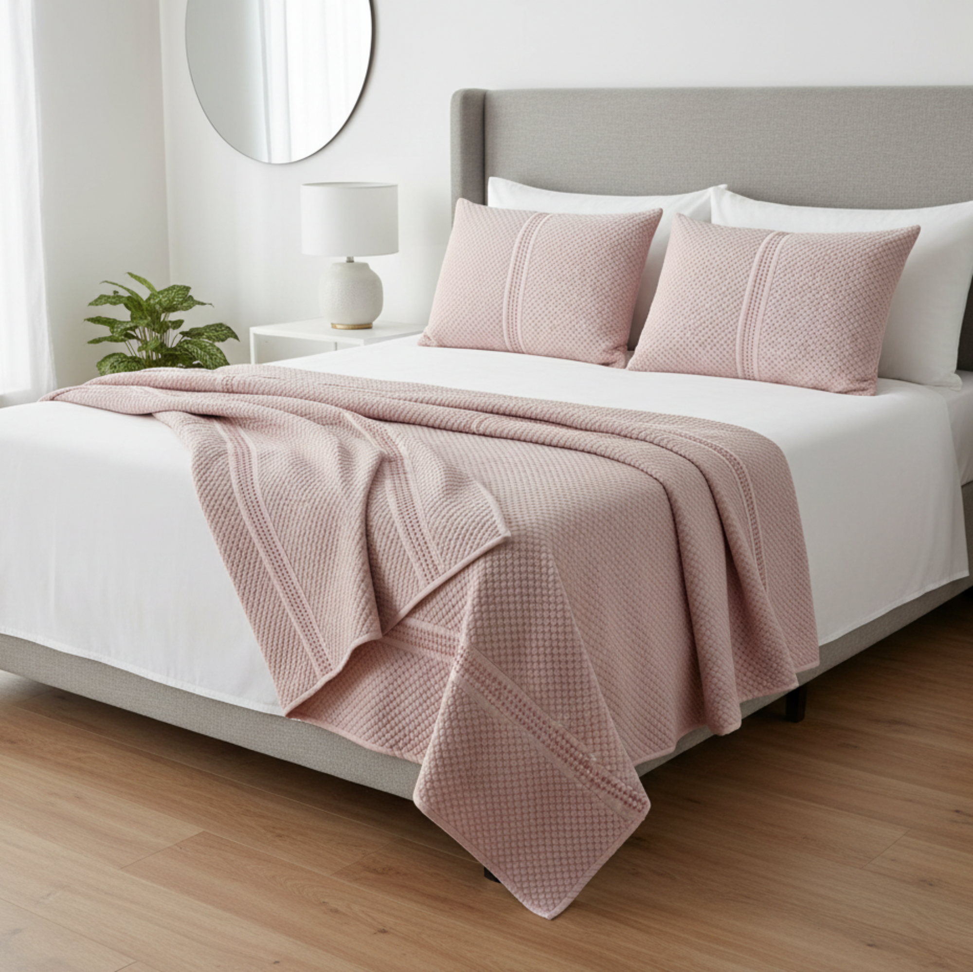 Pink bedsheet and pillows styled on bed in bedroom