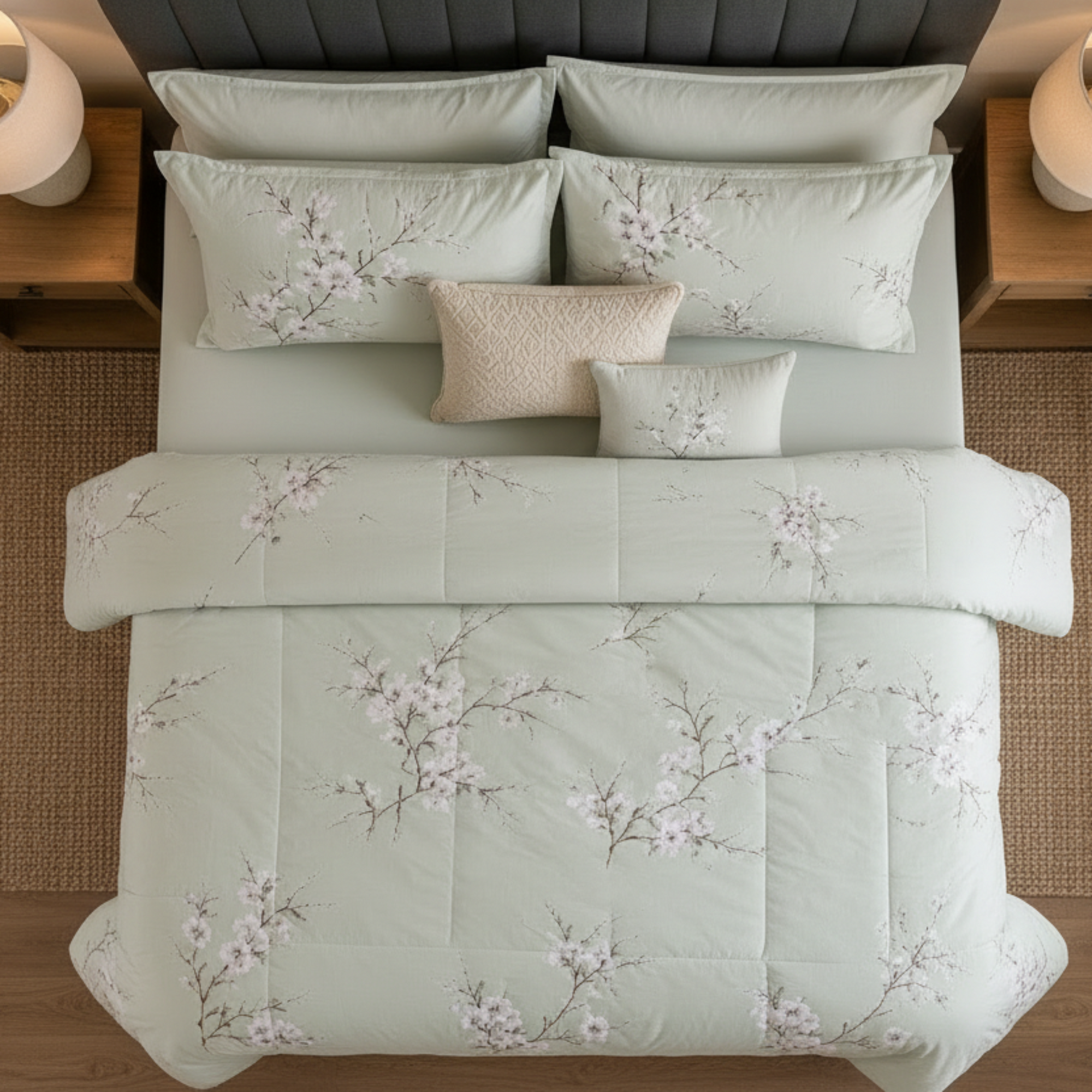 Sage Green Floral Comforter - Overhead Shot