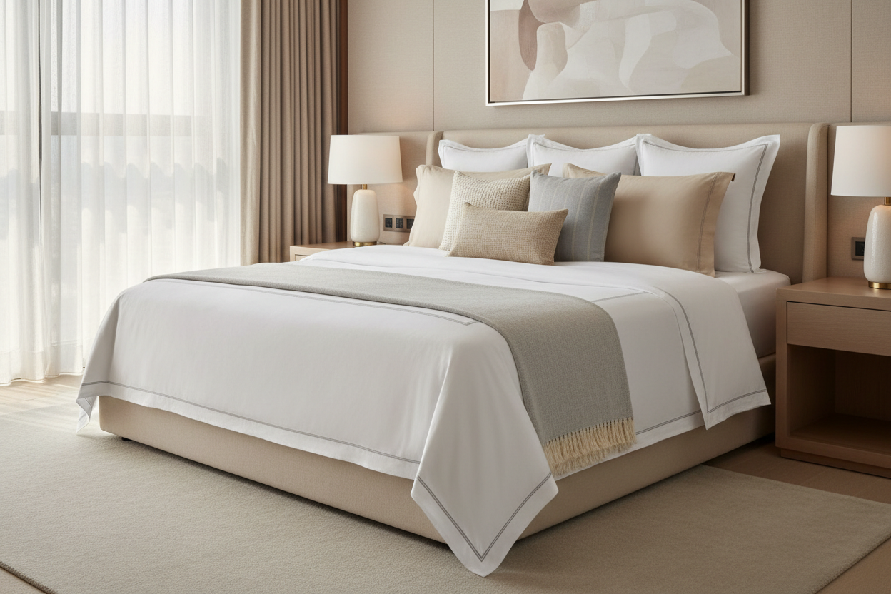 Premium cotton bedsheets styled on a neatly made bed with coordinated bedroom décor by Dorr