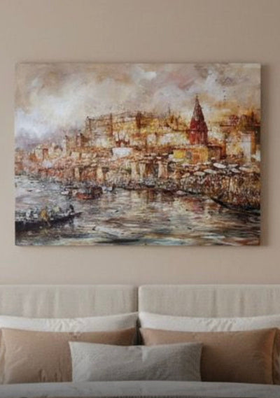 Varanasi Golden Glow | Hand Painting of Varanasi Ghaat