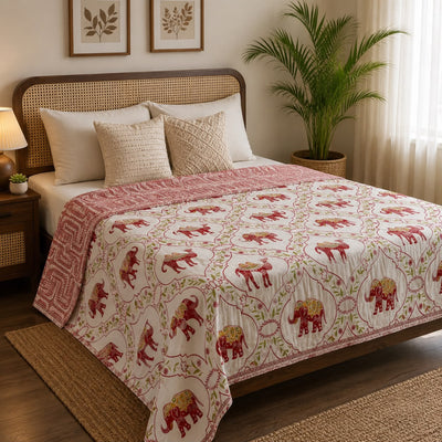 Jaipuri Block Print Single Dohar Set of 2 – Elephant Jaal & Geometric Print