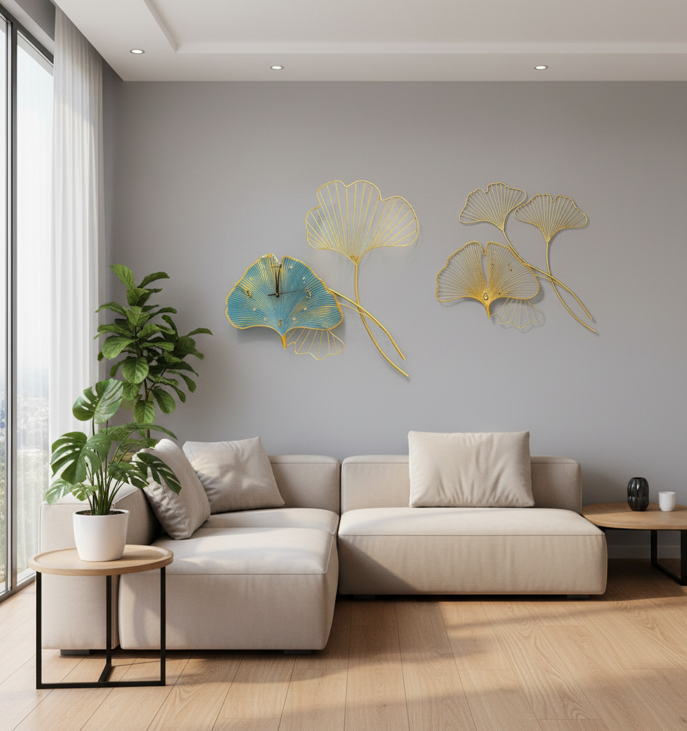 Ginkgo leaf wall clock in living room