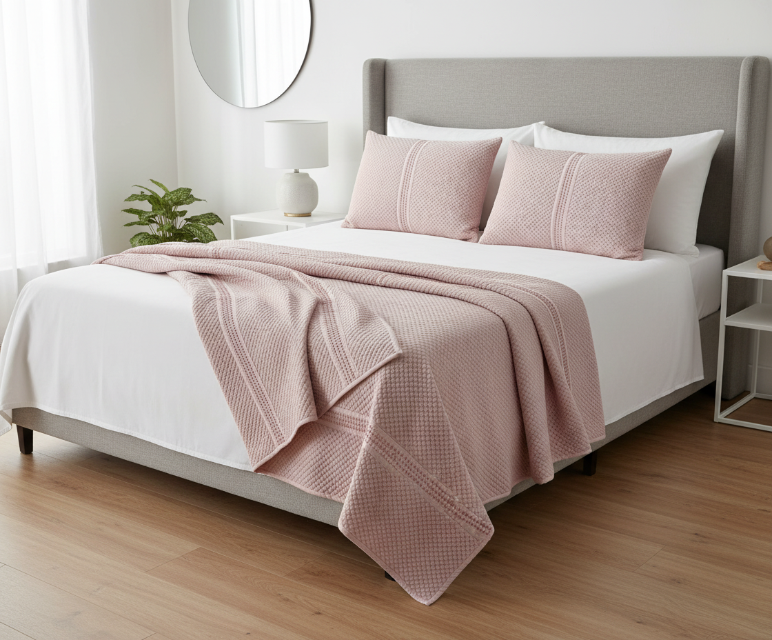 Pink bedsheet and pillows styled on bed in bedroom
